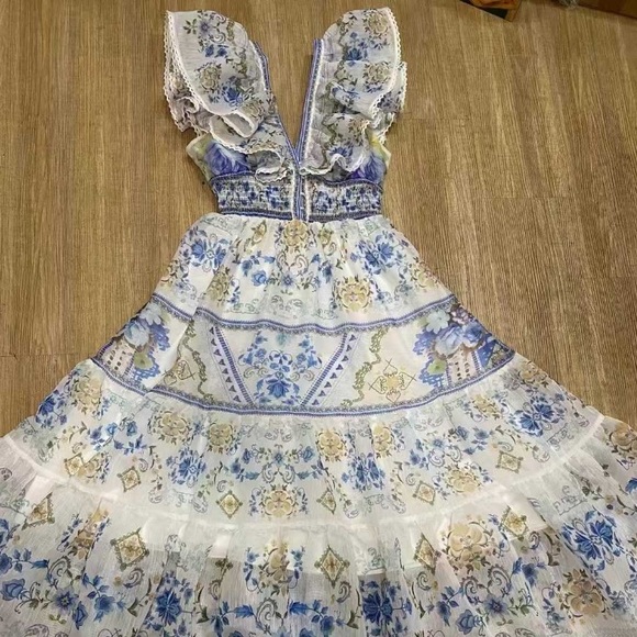 Zimmermann Dresses & Skirts - Zimmermann Floral Blue & Cream Ruffled Maxi Dress